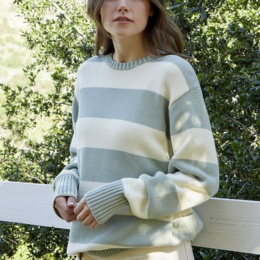 Brandy Melville 90s Striped Brianna Knit Oversized Crewneck Sweater Green Cream